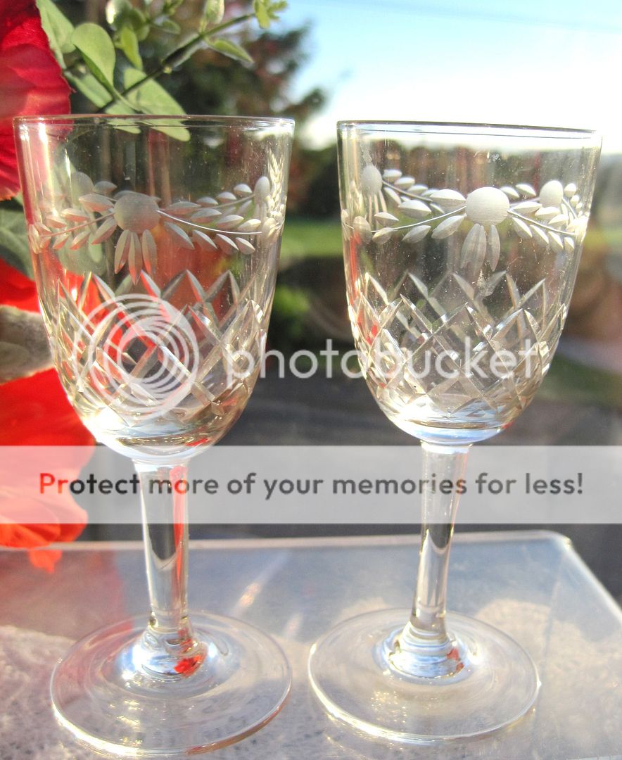 edwardian glass 2 sherry glasses swag and cross cut vintage
